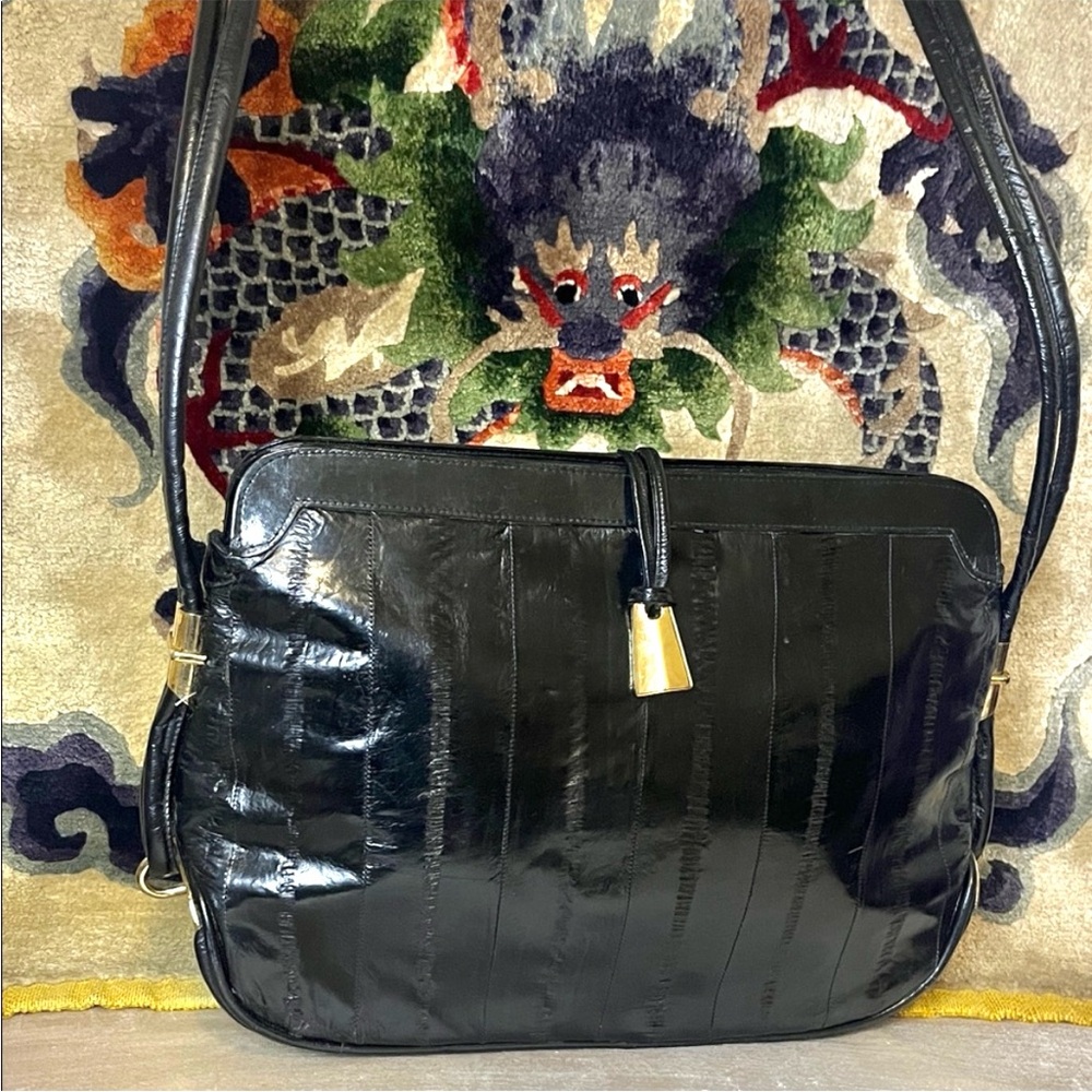 Vintage Eel Skin Black Leather Shoulder Bag w/Brass Hardware